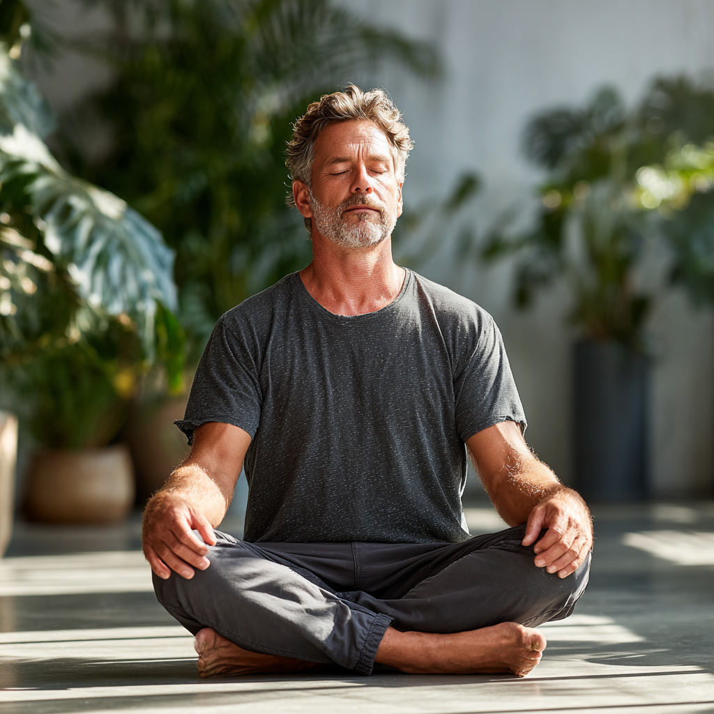 A mature man around 50 years old in comfortable yoga attire sitting in lotus position with eyes closed, practicing meditation in a bright, airy studio space with plants in the background